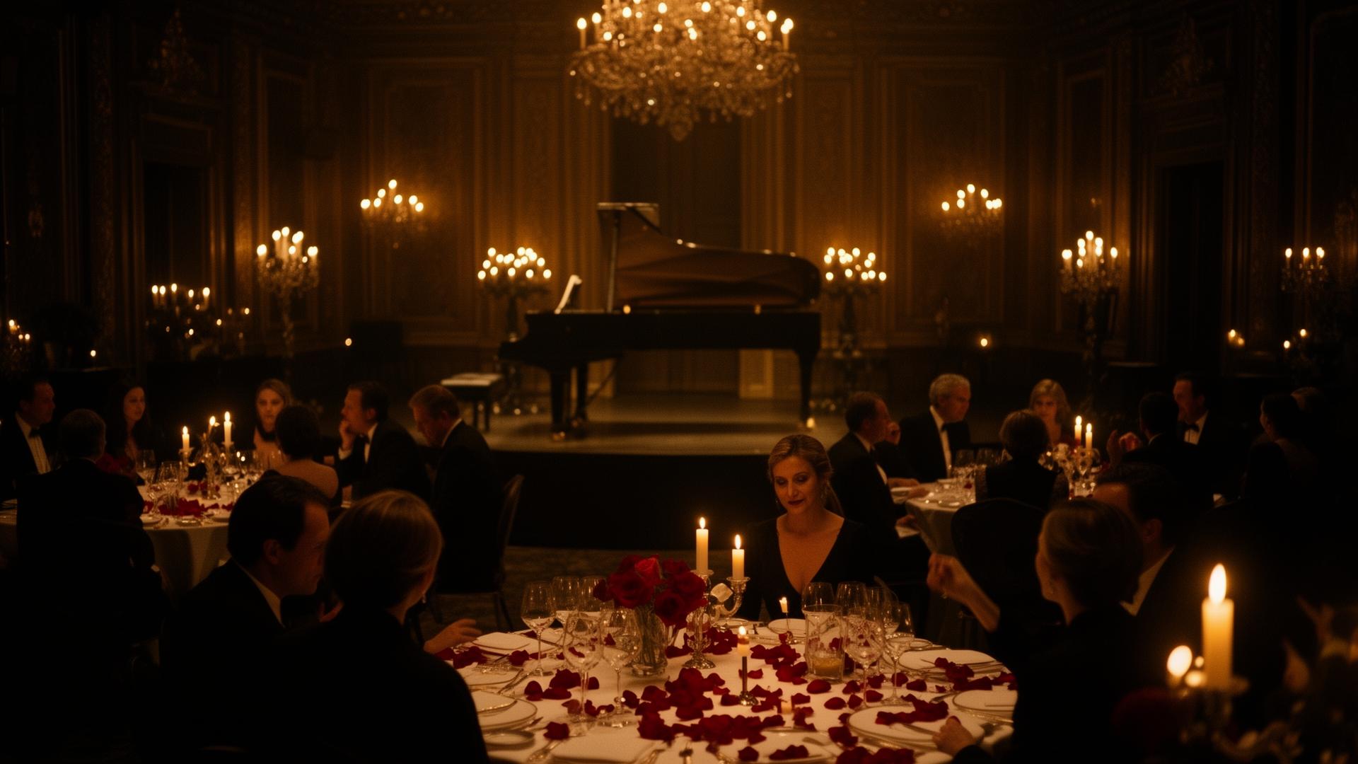 Candlelit ballroom with grand piano and intimate audience